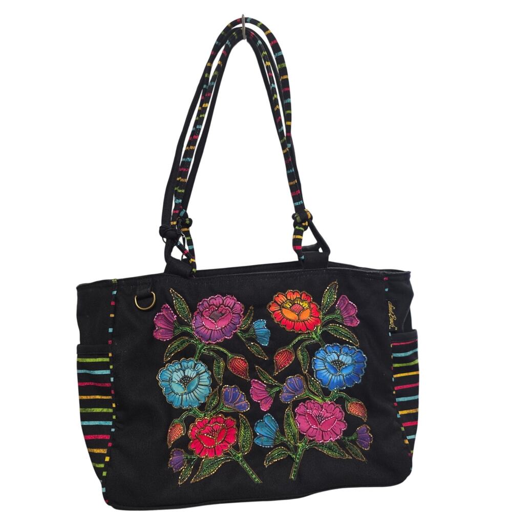 Black Floral NWT Laurel Burch Canvas Tote Bag Beaded Purse
pockets